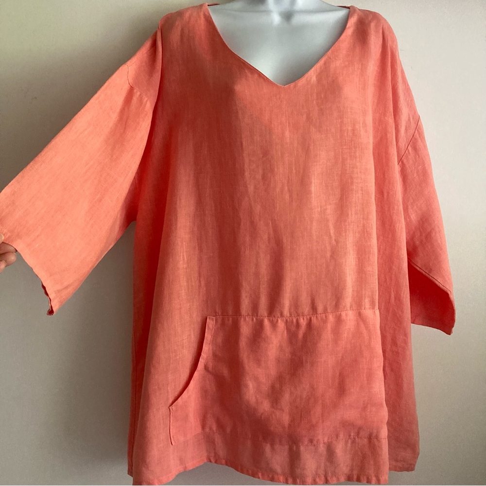 Bryn Walker 100% Linen Peachy Coral Oversized V Neck Beachy Coastal Tunic Top, L